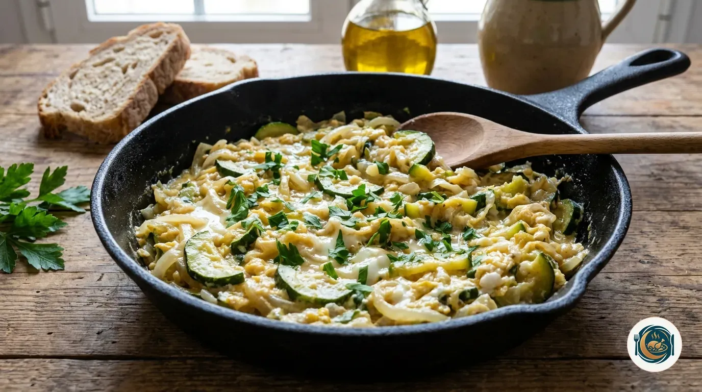 Sartén de zarangollo murciano con calabacín, cebolla y huevo