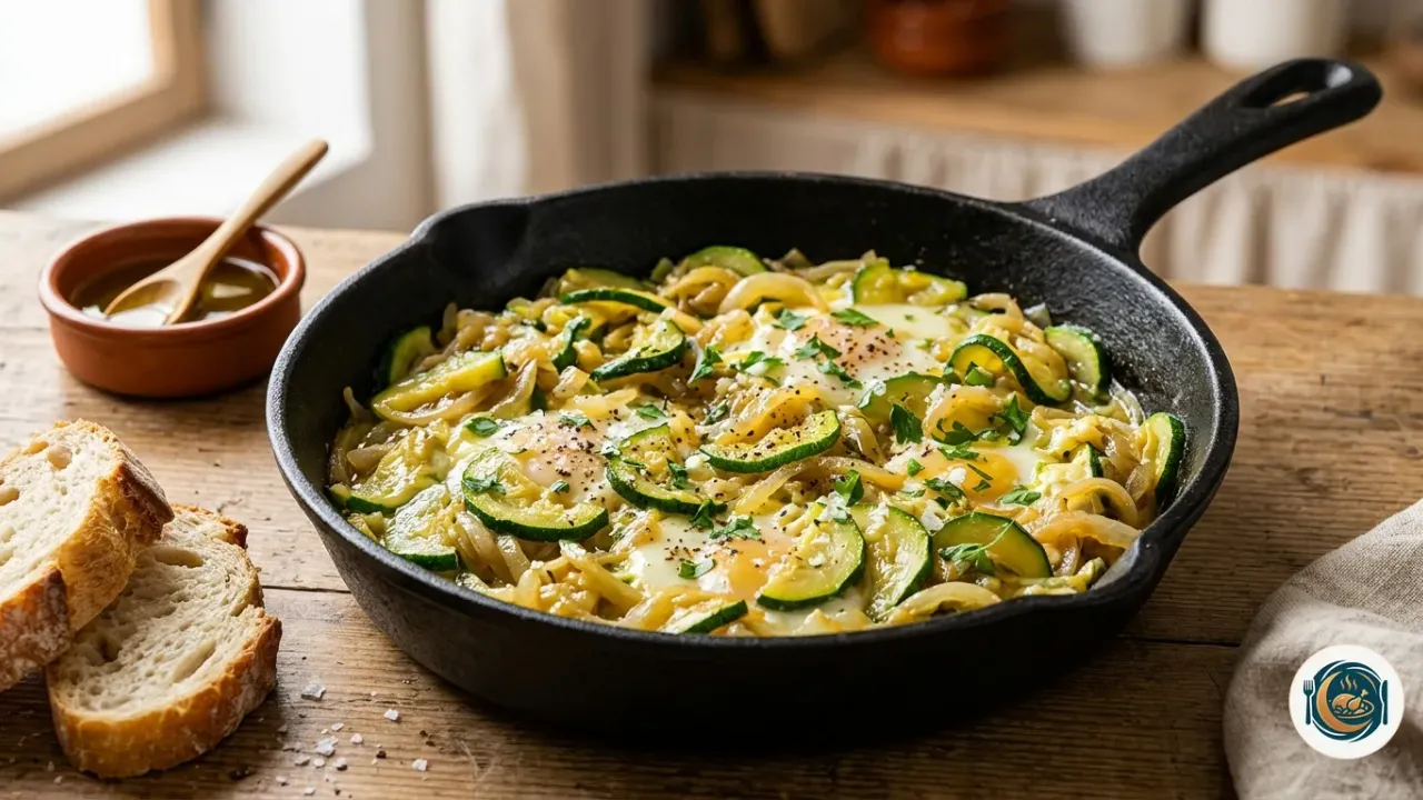Sartén de zarangollo murciano con calabacín, cebolla y huevo cuajado