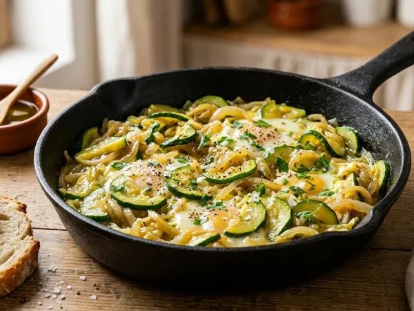 Sartén de zarangollo murciano con calabacín, cebolla y huevo cuajado